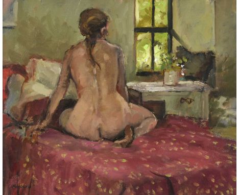 Pat Maclaurin (1933-2022)  “On the Bed”  Signed, oil on board, 25cm by 30cm Exhibited: Art For Youth, London  Some light surf
