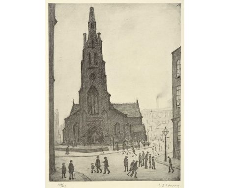 After Laurence Stephen Lowry RBA, RA (1887-1976)"St Simon's Church"Signed and numbered 128/300, a black and white reproductio