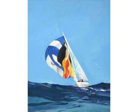Donald Hamilton Fraser RA (1929-2009)Spinnaker in full sailSigned, mixed media, 54cm by 39.5cmSlight cockling to the paper. S
