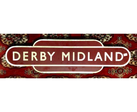 Railwayana, British Rail Totem, Derby Midland, c36”x10”, red, white and black enamel, wood back, somewhat faded with some rus