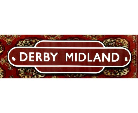 Railwayana, British Rail Totem, Derby Midland, c36”x10”, red, white and black enamel, good colour and no chipping

