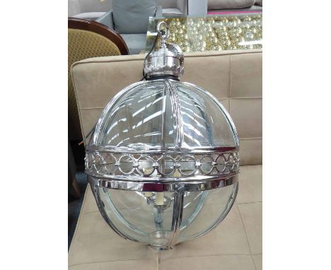 LANTERN, Globe type three branch in chromed metal frame, 73cm diam plus chain.