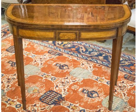 CARD TABLE, George III mahogany and satinwood crossbanded with foldover baize lined, top 91cm x 45cm x 75cm H.