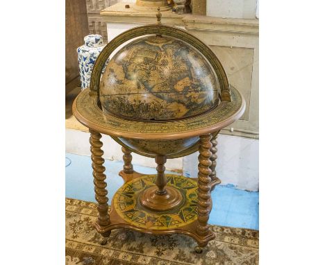 GLOBE COCKTAIL CABINET, in the form of a terrestrial globe with rising lid and fitted interior, 73cm diam x 100cm H.