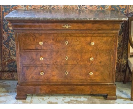 COMMODE, 19th century French Louis Philippe burr walnut and gilt metal mounted with five long drawers and St Annes variegated