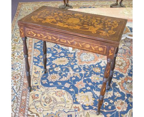 CARD TABLE, 19th century Dutch mahogany and allover satinwood marquetry foldover baize lined, 76cm H x 79cm x 40cm.