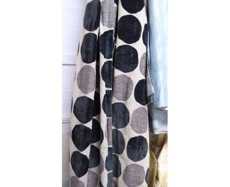 CURTAINS, a pair, lined in a contemporary circle design on a cream background, 100cm W gathered x 320cm drop. (2) (with fault
