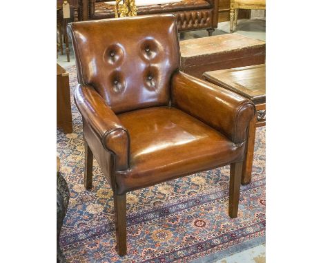 BRIDGE ELBOW CHAIRS, a pair, 1930's style button back and scroll arm hand finished brown leather. (2)