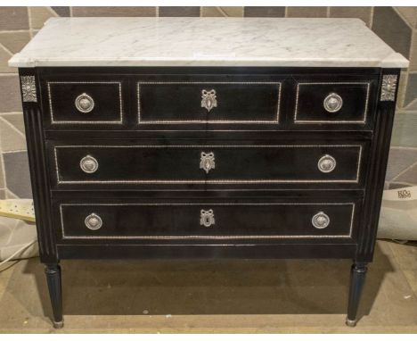 DIRECTOIRE DESIGN COMMODE, French ebonised and silver metal mounted with white Carrara marble top and three long drawers, 84c