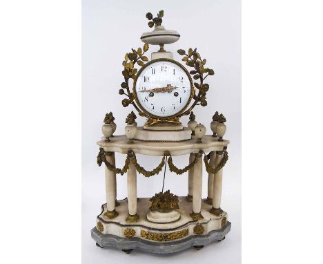 19TH CENTURY FRENCH PORTICO CLOCK, white and grey marble with ormolu mounts, bell striking movement. (generally with faults)