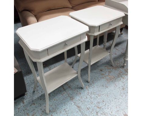 LAMP TABLES, a pair, single drawer with shelf below in a grey, distressed effect, painted finish, 60cm W x 40cm D x 76cm H. (