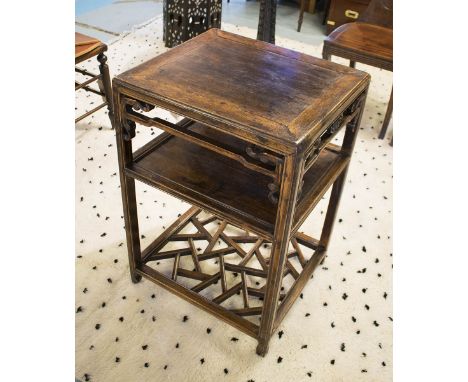 OCCASIONAL TABLE, 19th century Chinese elm, square form with shelf and pierced lattice undertier, 74cm H x 50cm x 44cm D.