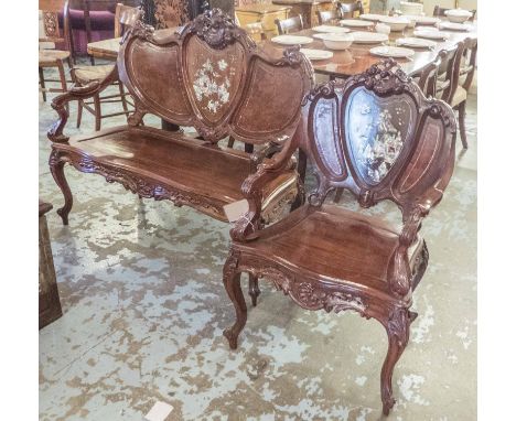 BENCH, Chinese rosewood, burr walnut and mother of pearl inlaid, 122cm W, and a matching armchair. (2)