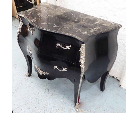 BOMBE COMMODE, Louis XV style ebonised with two drawers and marble top, 104cm x 54cm x 84cm H.