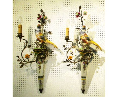 WALL LIGHTS, a pair, ceramic and brass mounted, each with a single light, a bird and leaf and floral decoration, 77cm H. (2)