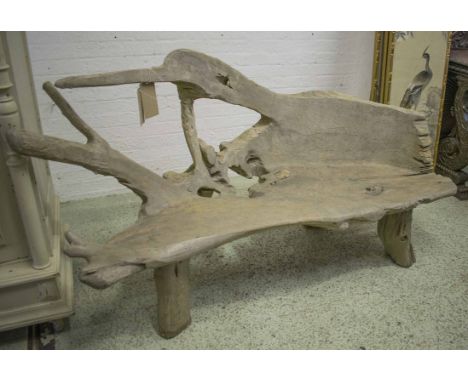 RUSTIC GARDEN BENCH, weathered single driftwood tree form bench, 177cm W.