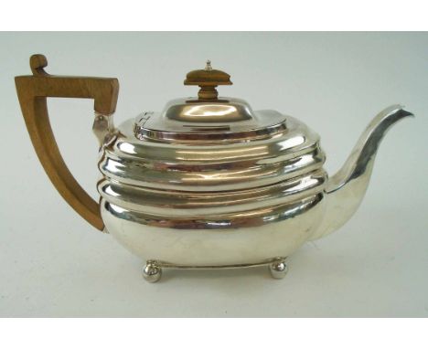 GEORGE III SILVER TEAPOT, with wooden handle and finial, ball feet, London 1789, maker Walter Brind, total weight 16.5 ozt, 2