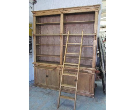 LIBRARY BOOKCASE, enclosing adjustable shelves above with a rail to the front and two slides over four panelled doors below, 