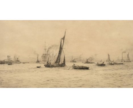 William Lionel Wyllie (1851-1931) British, barges and other craft on the River Thames, etching, signed and dedicated to Henle