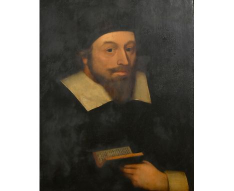 English School, a portrait of a cleric in 17th Century dress holding a book of psalms, oil on panel, Christies stencil verso,