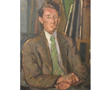 20th Century, Portrait of a seated man wearing a green tie, oil on canvas board, 20" x 16", (51x40.5cm).