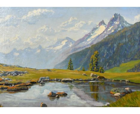 K. Schalchll (early 20th Century) An extensive mountain landscape with a rocky pool of water, oil on canvas, signed, 21" x 28