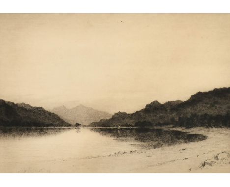 Richard Smythe, A lake scene with mountains beyond, etching, signed in pencil, 8.25" x 11.5", (21x29.5cm).