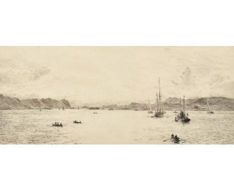 William Lionel Wyllie (1851-1931) British, barges and rowing boats in an inlet, etching, signed in pencil, plate size 6.25" x