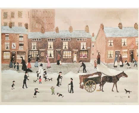 Helen Bradley (1900-1979), figures on a street in the snow, print in colours, signed in pencil and with inscription from the 