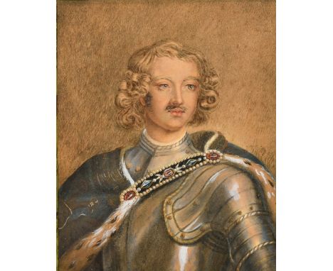 19th Century after the engraving, a head and shoulder portrait of Peter the Great in armour, watercolour, 6" x 4.75" (15 x 12