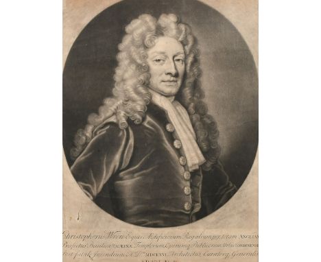Smith after Kneller, a portrait of Christopher Wren, 13" x 9.75", (33x25cm) and another by Smith of William Wycherley, 10.25"