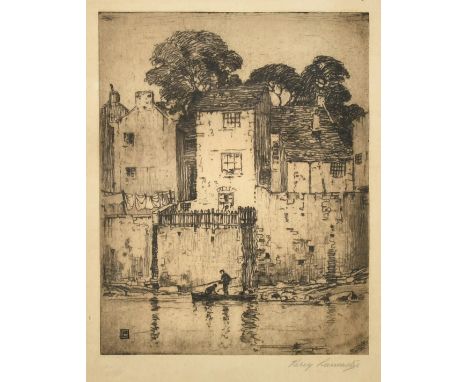 Percy Lancaster (b.1878) Old Houses, Barnard Castle, etching, with blind stamp, labels verso, 6.75" x 5.25", (17x13.5cm).