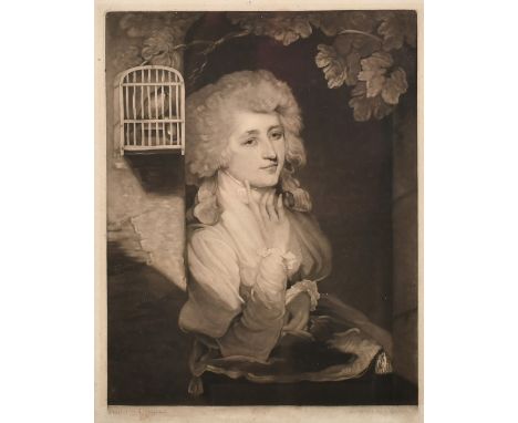 John Young after Hoppner, A half-length portrait of a society lady with a caged bird, paper size 15.25" x 11.75", (38.5x30cm)