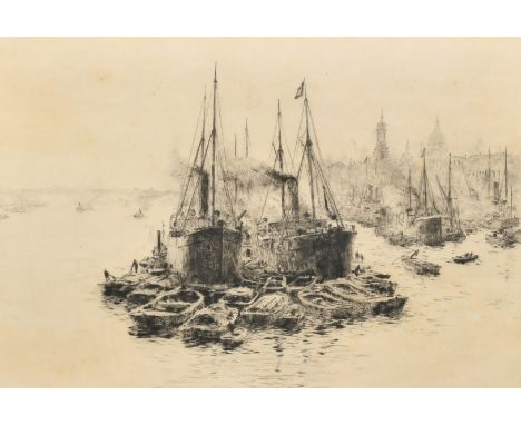 William Lionel Wyllie (1851-1931) British, boats and barges moored on the Thames with a view of London beyond, etching, signe
