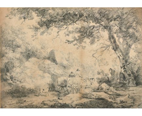 George Morland, Circa 1792, figures in a wagon on a country path, soft ground etching, signed and dated in pencil, 14" x 19" 