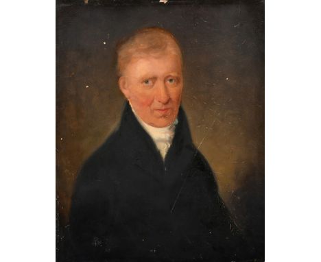 English School, Mid-19th Century, a half length portrait of a gentleman, oil on panel, 9.5" x 8" (24 x 20cm), unframed.