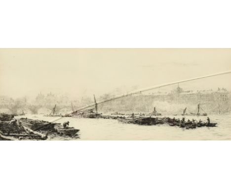 William Lionel Wyllie (1851-1931) British, a view of barges moored on the Thames, etching, signed in pencil, plate size 4.75"