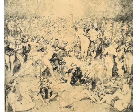 Norman Lindsay, 'The Argument', a large gathering of figures, etching, signed and numbered indistinctly in pencil, toned and 