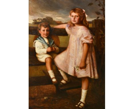 Early 19th Century, A full length portrait of a young boy sitting on a stile with a young girl standing by his side, oil on c
