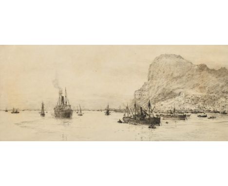 William Lionel Wyllie (1851-1931) British, Gibraltar, shipping off the coast, etching, signed in pencil, plate size 6.25" x 1