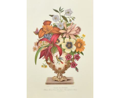 A well framed decorative print of flowers in a Sevres vase, 18.75" x 13.25", (47.5x33.5cm).