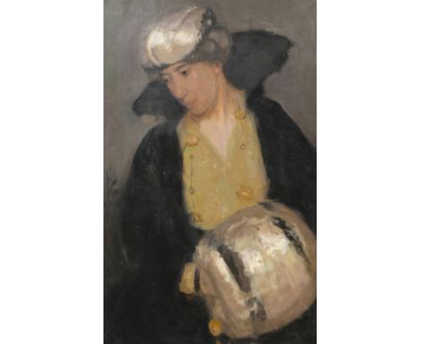 19th/ 20th Century, proberly American School, portrait of a lady holding a hand muff, oil on canvas, 30.5" x 18", (77.5x46cm)