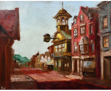 20th Century, A view of Guildford High Street with the Clock Tower, oil on canvas, indistinctly signed, 26" x 30", (66x76cm).