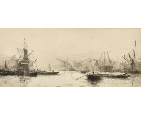 William Lionel Wyllie (1851-1931) British, barges and shipping in a London dock, etching, signed in pencil, plate size 5.75" 