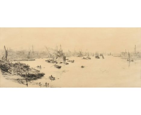William Lionel Wyllie (1851-1931) British, moored shipping and figures in rowing boats, etching, signed in pencil, plate size