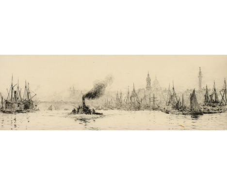 William Lionel Wyllie (1851-1931) British, barges on the River Thames, etching signed in pencil, plate size, 4.5" x 12.75" (1