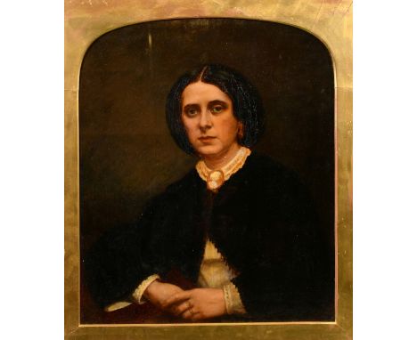 19th Century English School, a head and shoulders portrait of a lady, oil on board, 15" x 12.5", arched top.