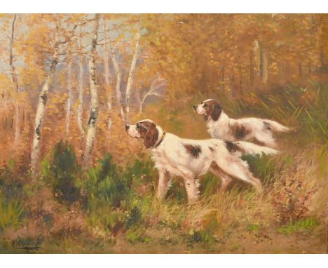 Gaston Corbier (1869-1945) French, two hunting dogs in a forest glade, oil on canvas, signed, 19.75" x 25.5" (50 x 65cm).