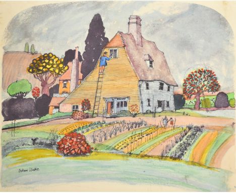 A print after Clarke, A view of a weather boarded cottage and vegetable patch with a man up a ladder painting a widow, board 