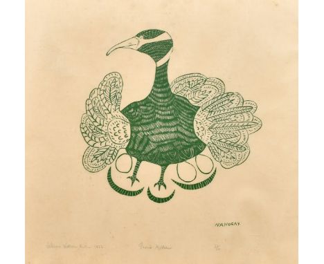 Agnes Nanogak (Inuit artist) 'Proud Mother', block print on paper, inscribed, signed, dated 1972 and numbered 31/50 and paper